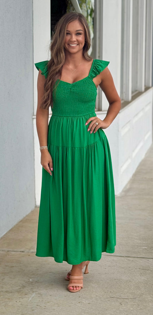 Smocked Ruffle Sleeve Midi Dress, Green