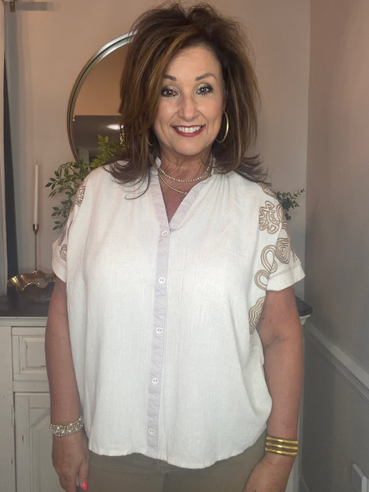 Oatmeal Embroidered Button Front Top