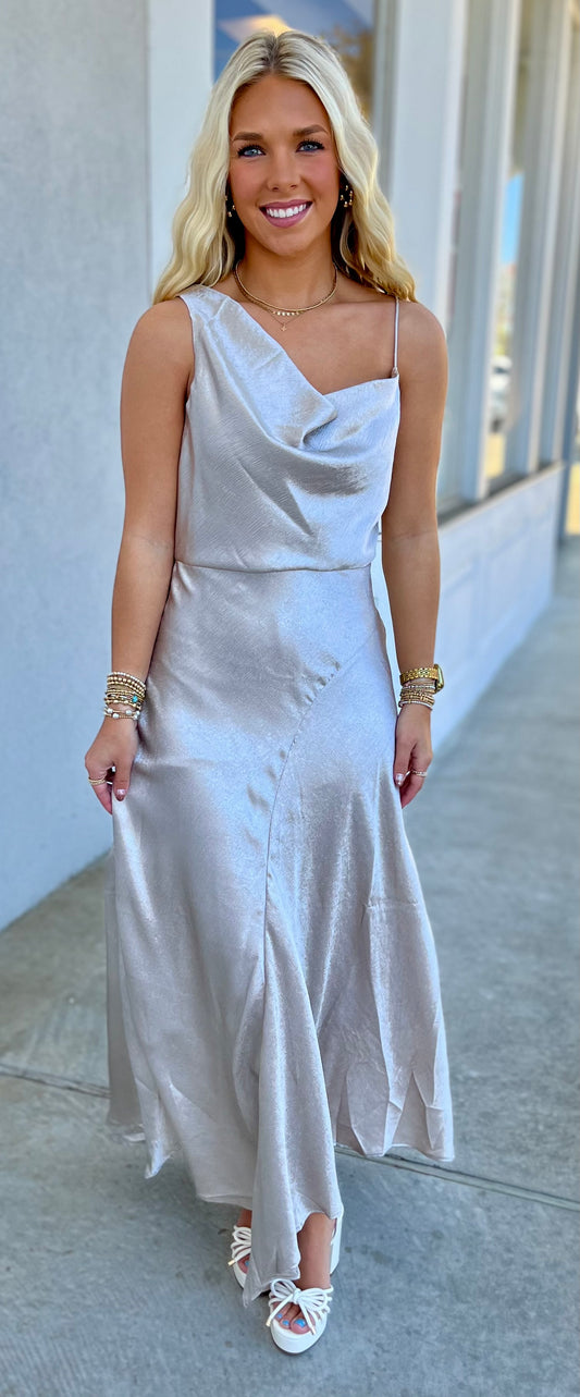 Metallic Draped Cowl Neck Midi Dress, Silver