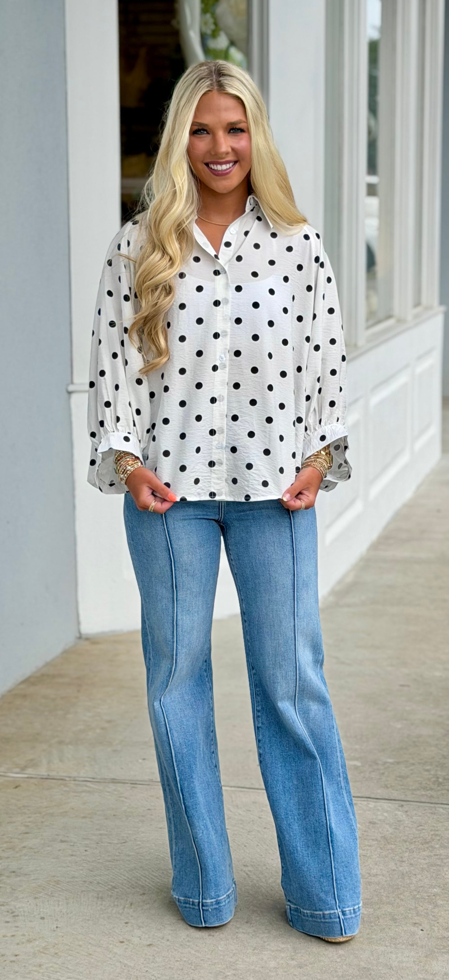Polka Dot Button Down Top, White/Black