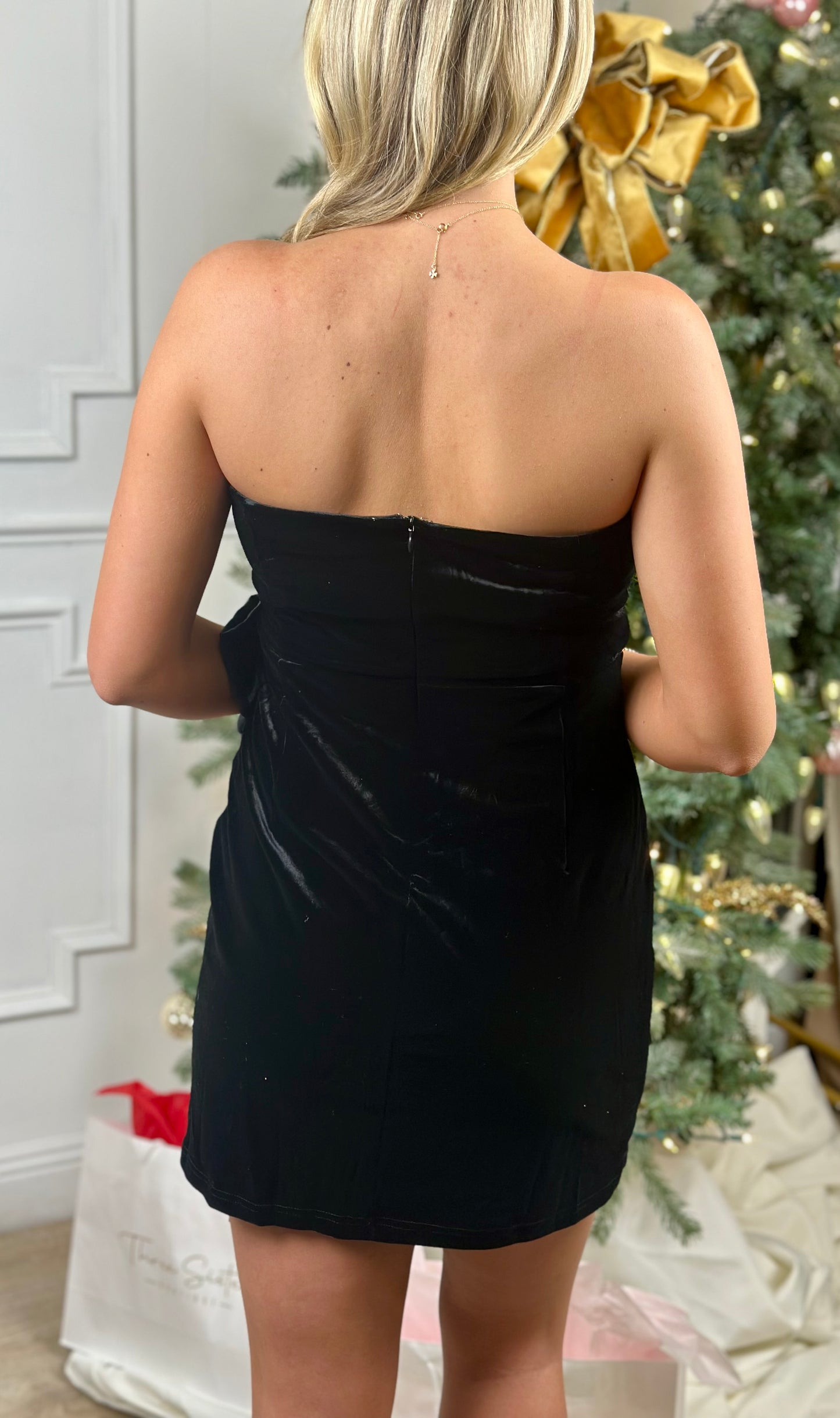 Black Velvet Oversized Bow Strapless Dress