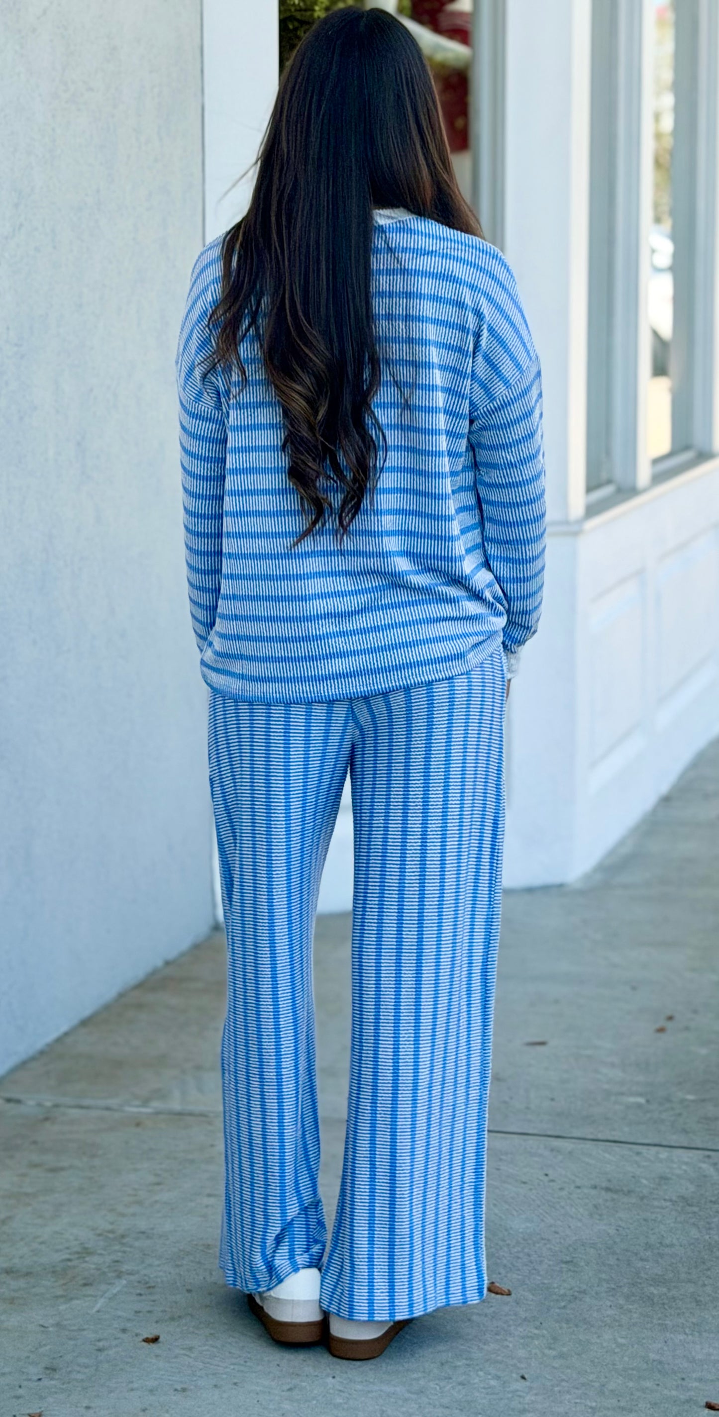 Raised Rib Striped Pullover & Pants SET, Cornflower Blue