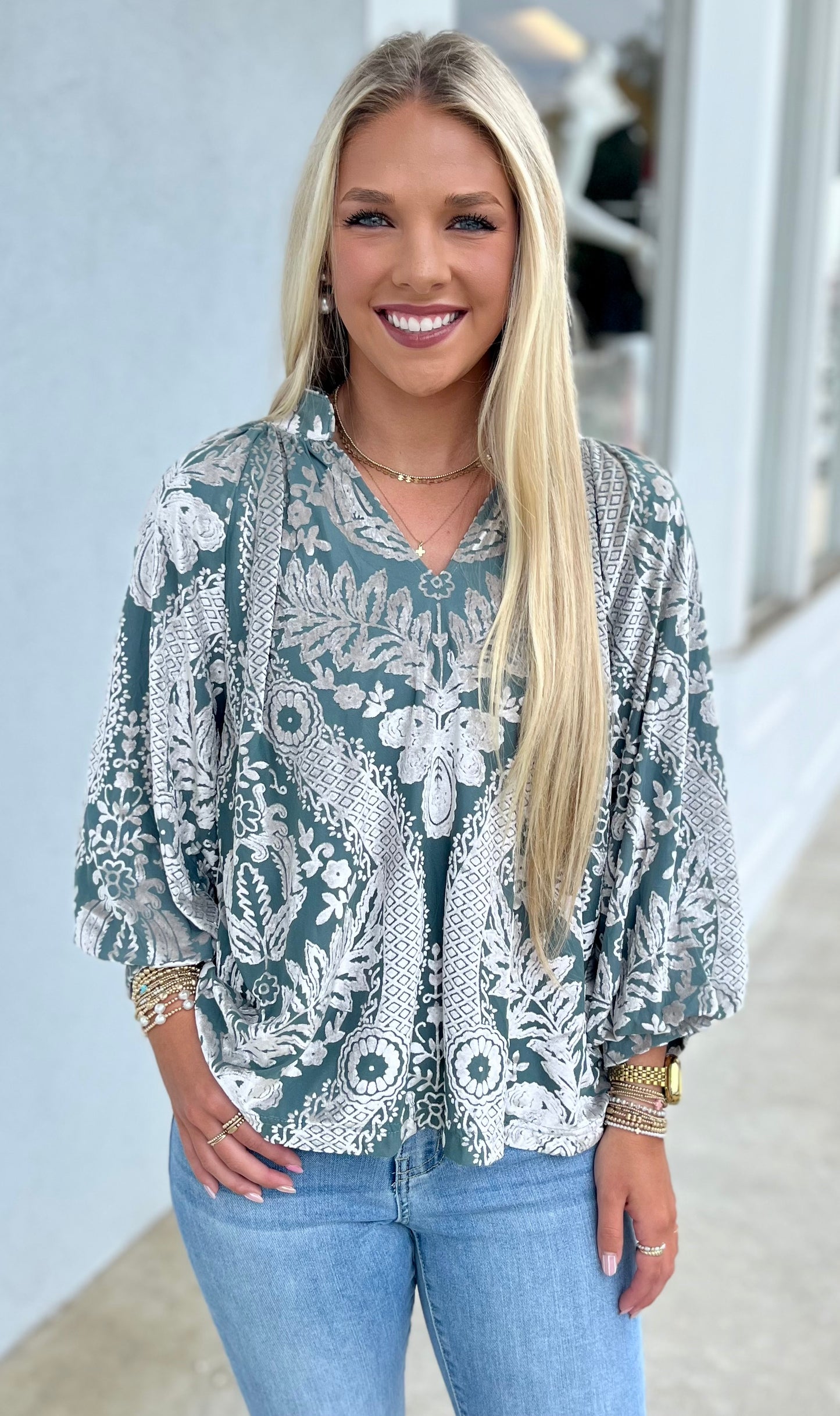 Velvet Printed Top , Sage