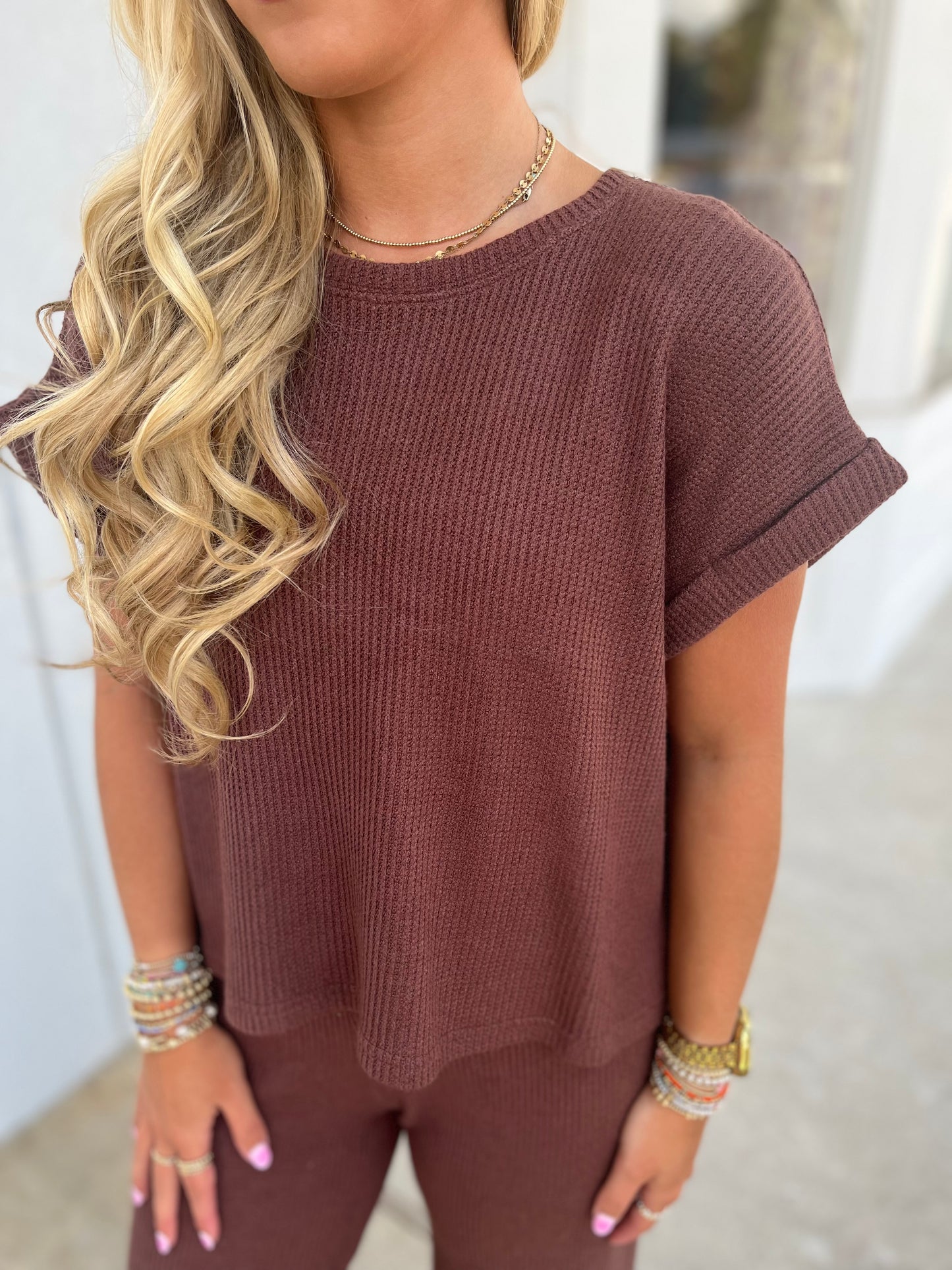 Rolled Sleeve Top & Pants SET, Brown