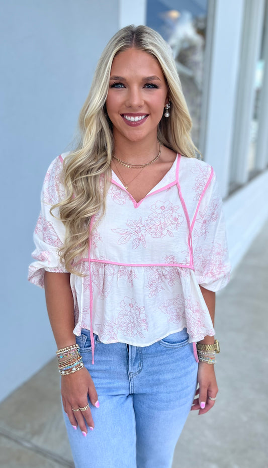 Floral Print 3/4 Sleeve Binding Blouse