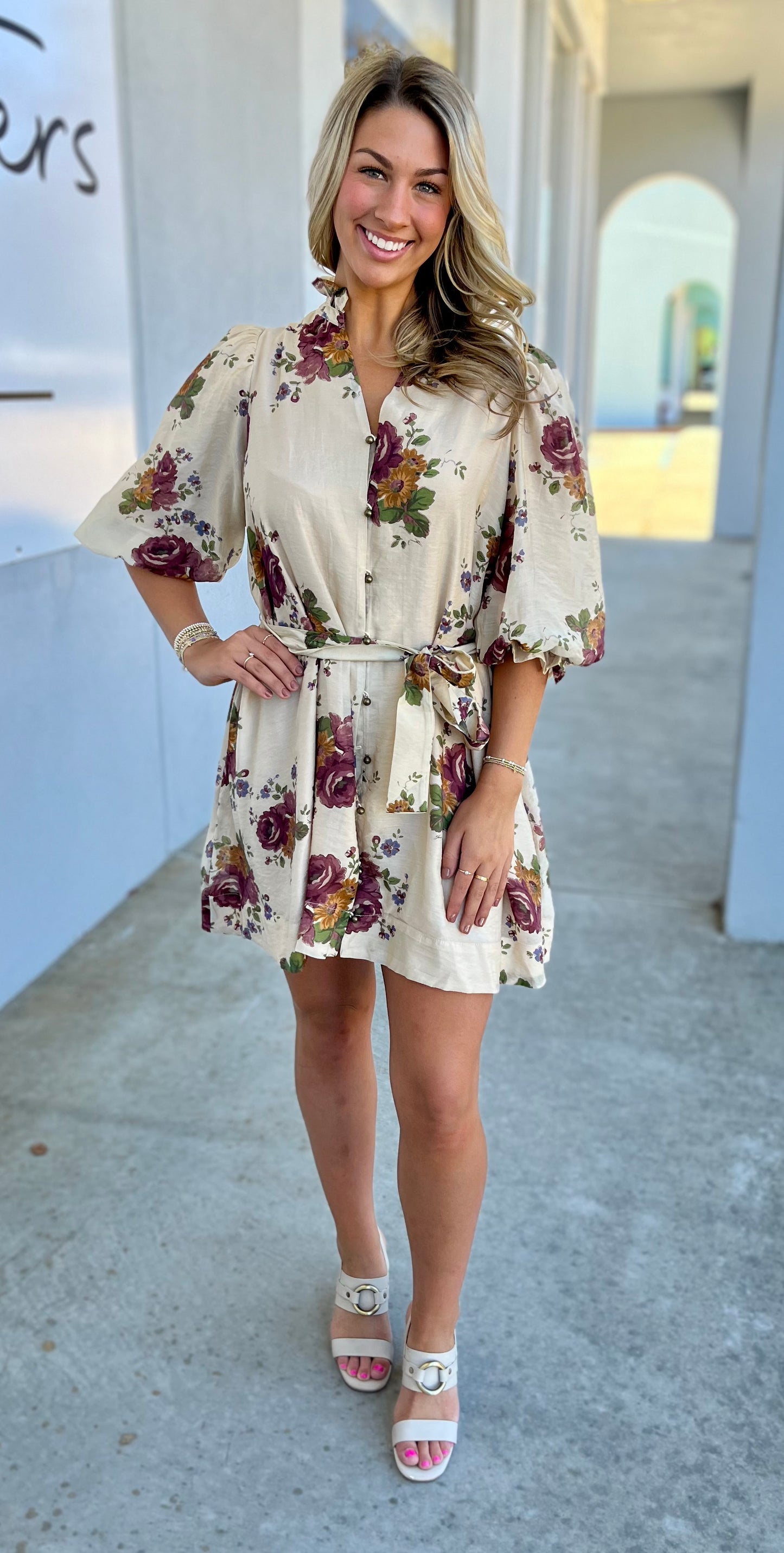 Ecru Multi Button Floral Dress/Belt