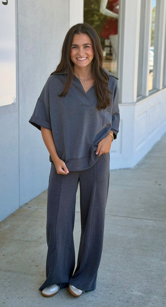 Scuba Collared Short Sleeve Top & Pants SET, Charcoal