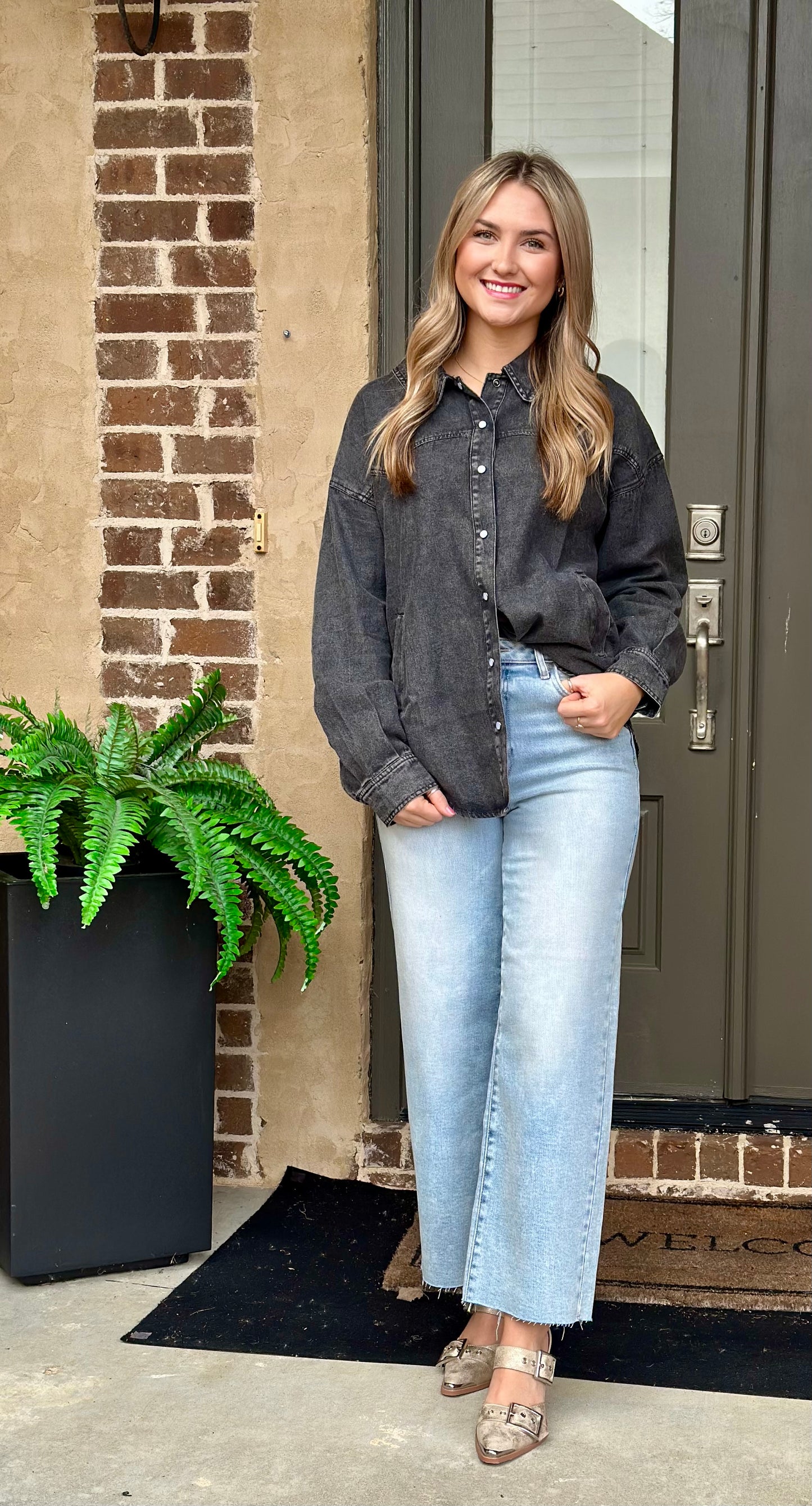 Gray Button Down Collar Top