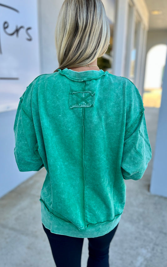 Acid Wash Exposed Seam Pullover, K Green