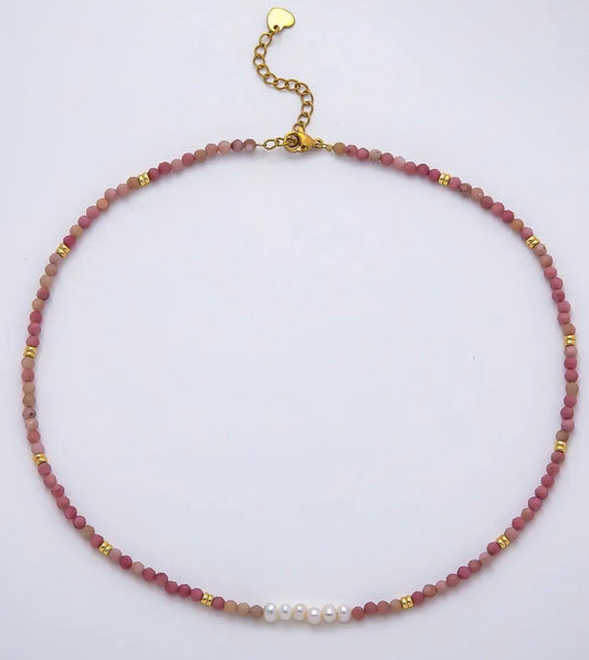 Handmade 3mm Shell Pearl Rose Quartz 15,5in Necklace