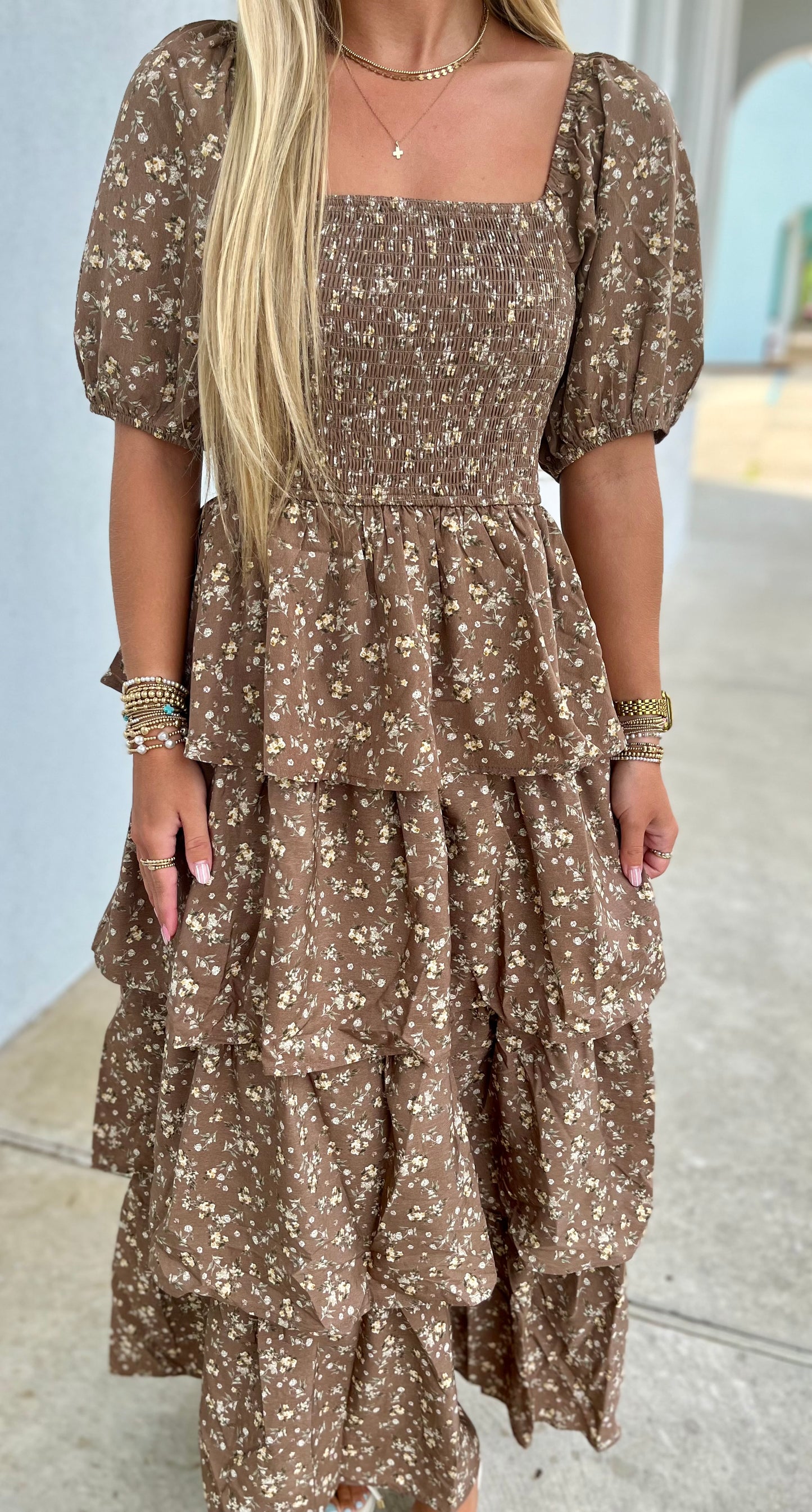 Floral Smocked Maxi Dress W Puff Sleeve