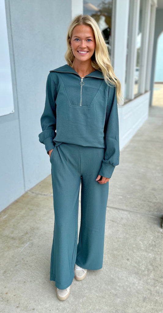 Ribbed High Neck Half Zip Top & Pants SET, Ash Jade