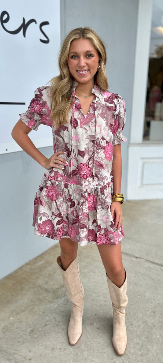 Dusty Rose Floral Print Puff Sleeve Dress