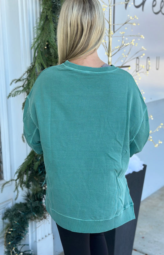 French Terry Wash Pullover, Dk Green