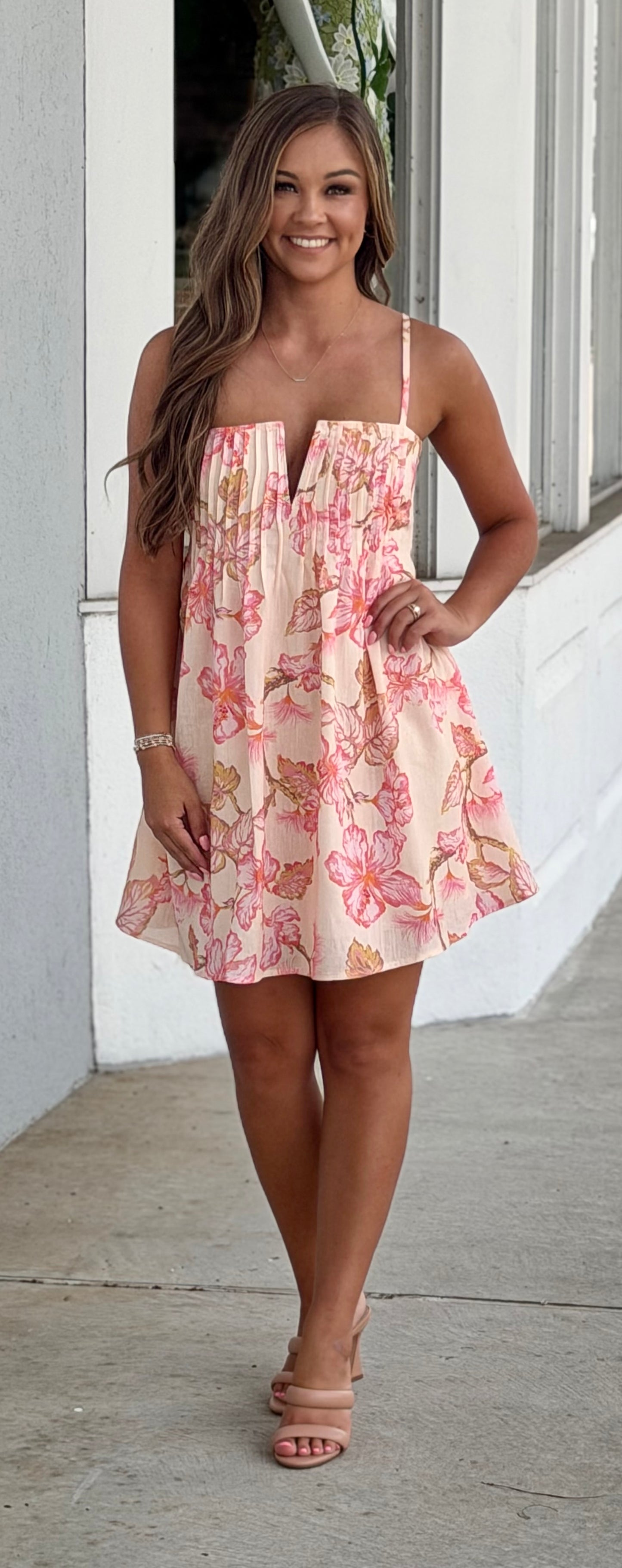 Tropical Sunset Pintuck Floral Dress