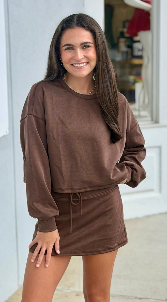 Brown Lounge Crew Neck Top & Skort SET