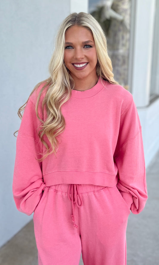Bubble Pink Semi-Cropped Ribbed Sweatshirt