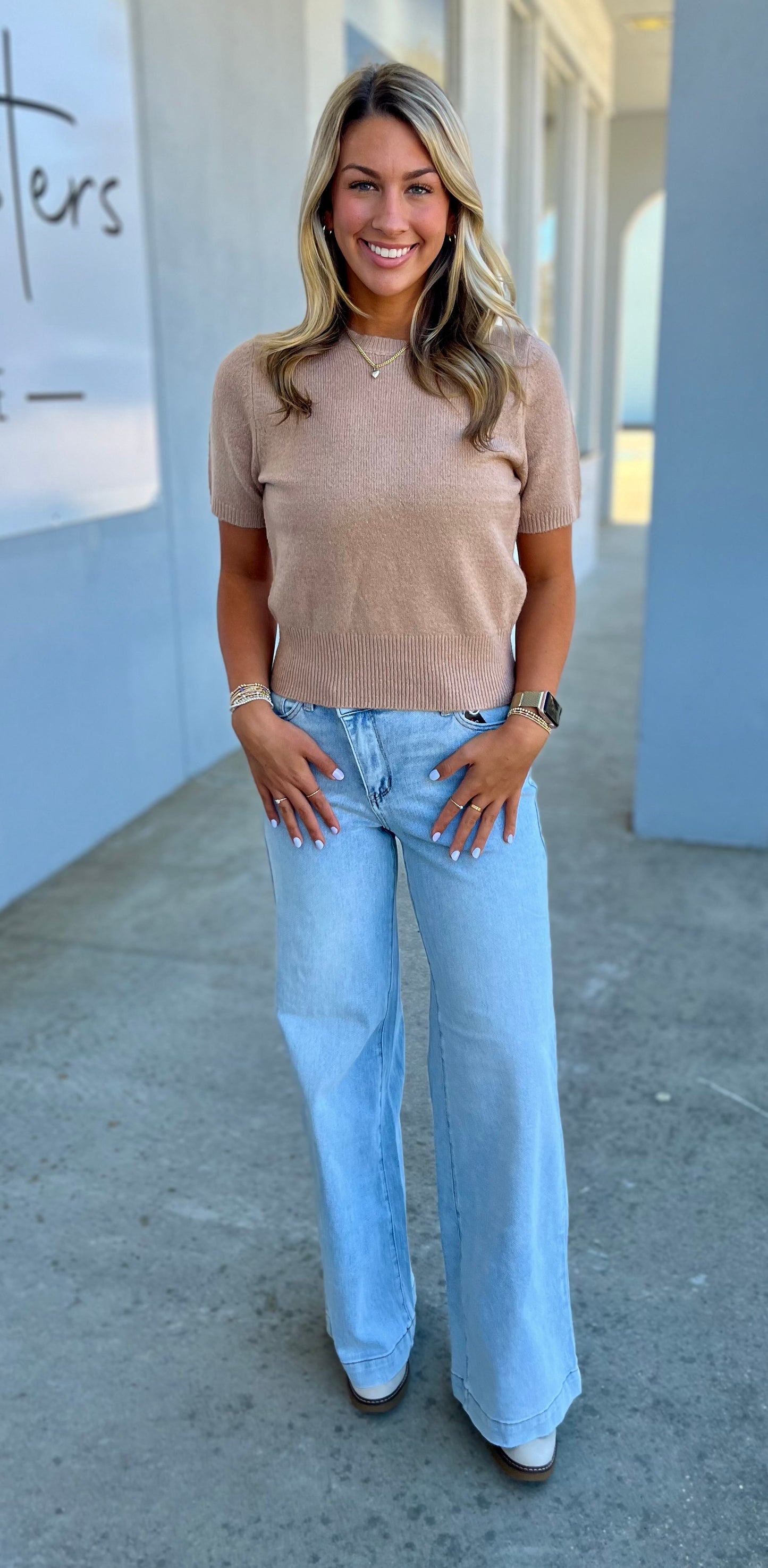 Short Sleeve Sweater Top, Dark Taupe