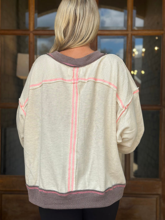 Oatmeal/Brown Contrast Stitch Pullover