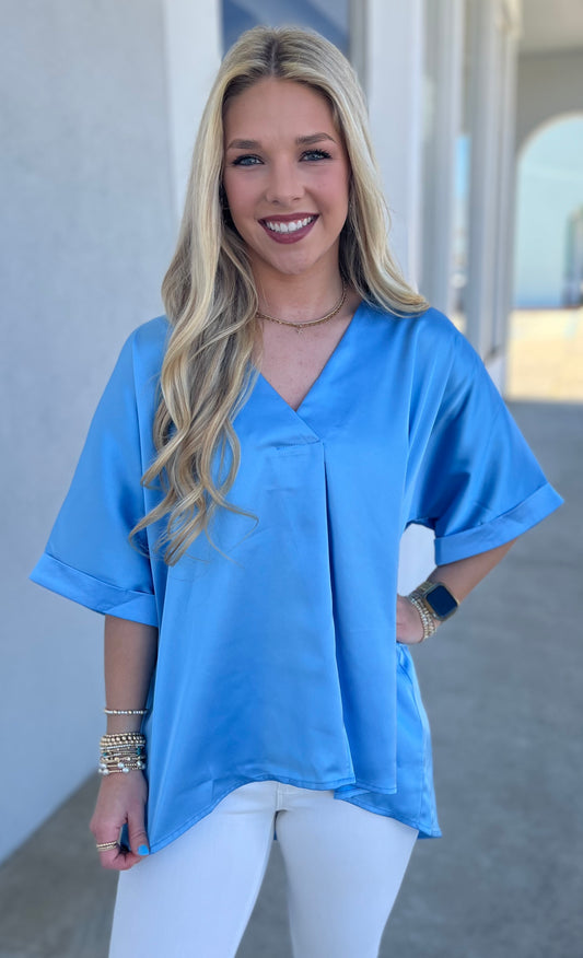 Blue V Neck Cuff Sleeve Top