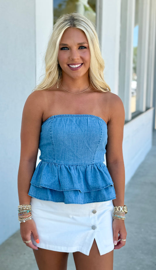 Denim Peplum Back Tie Front Top