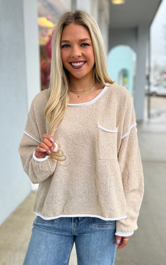 Taupe/Ivory Round Neck Sweater