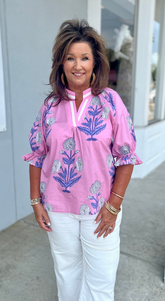 Pink Floral Poplin Puff Sleeve Blouse