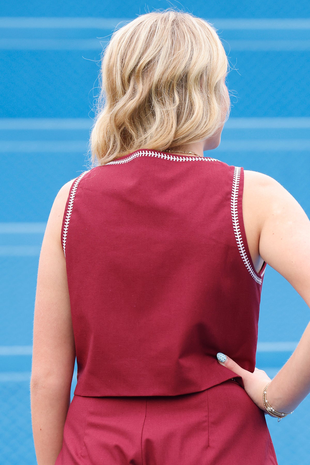 Burgundy Stitch Accent Tie Front Top