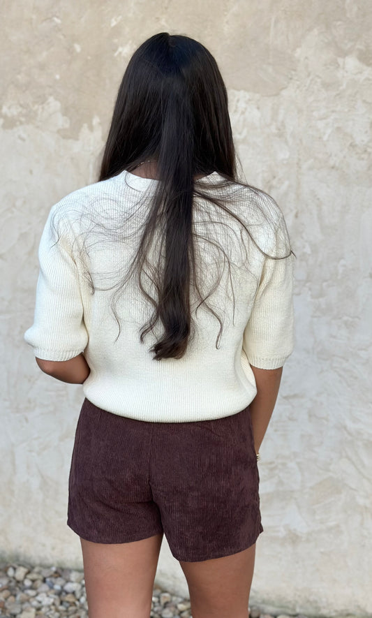 Cream Half Sleeve V Neck Cardigan