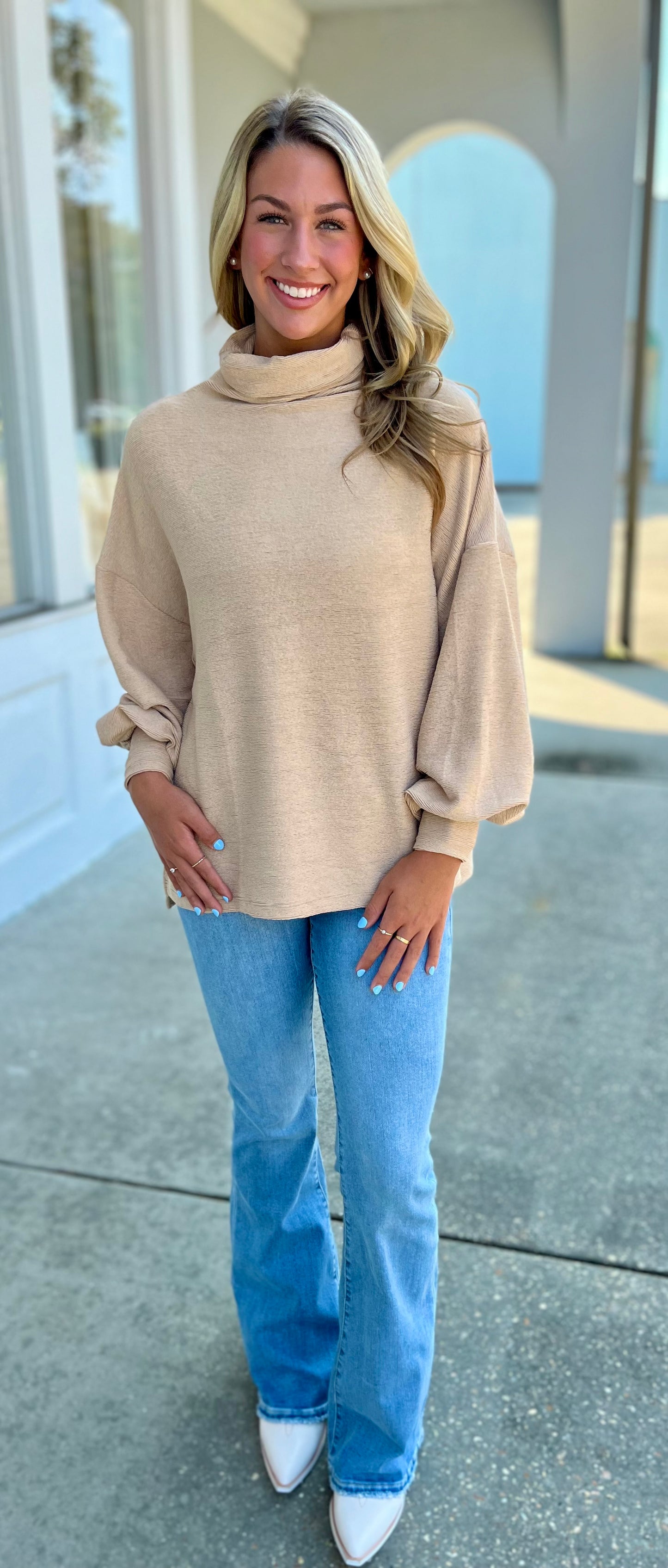Beige Mock Neck Balloon Sleeve Top