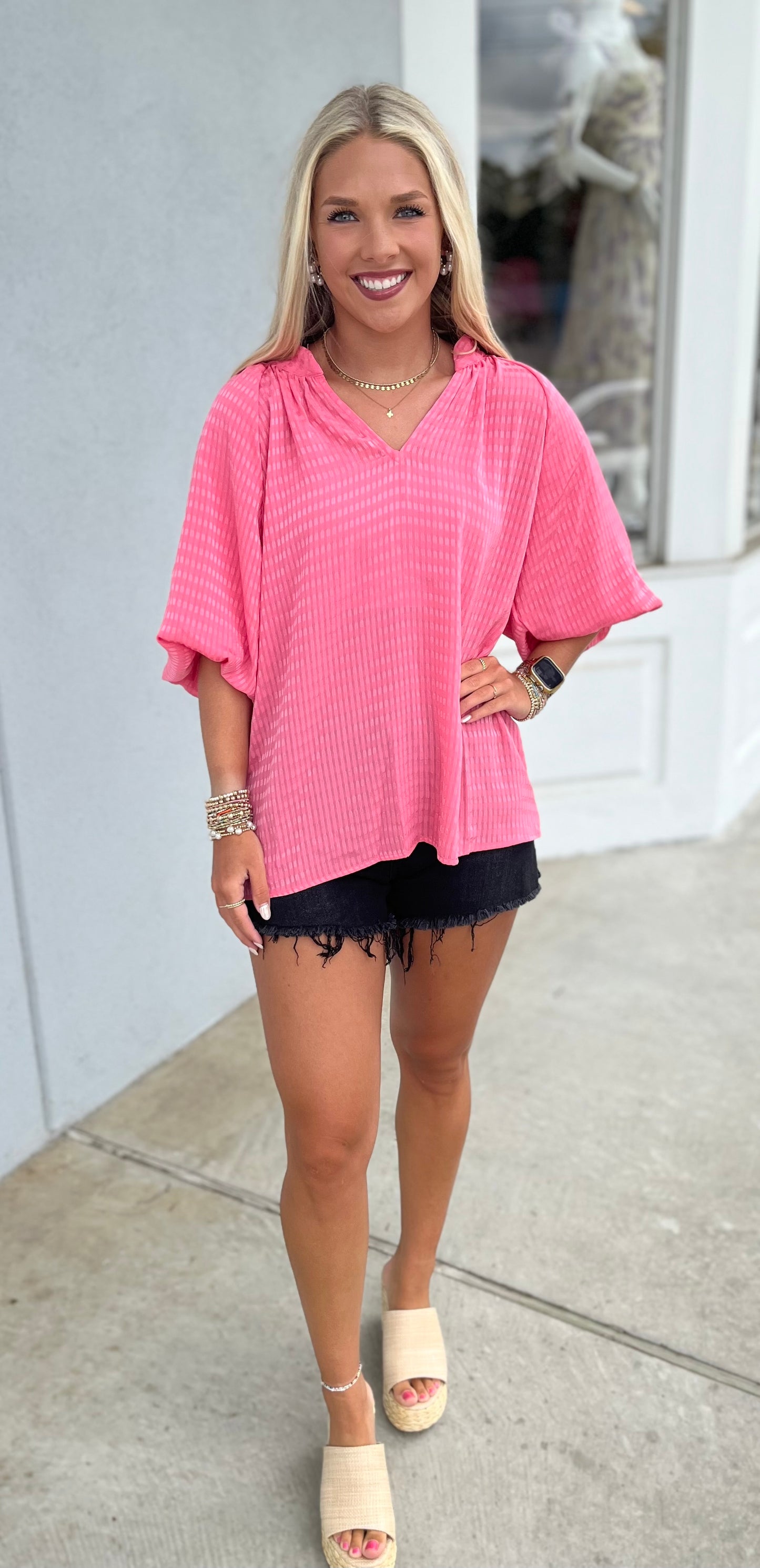 Striped Silky Jacquard Blouse , Peony