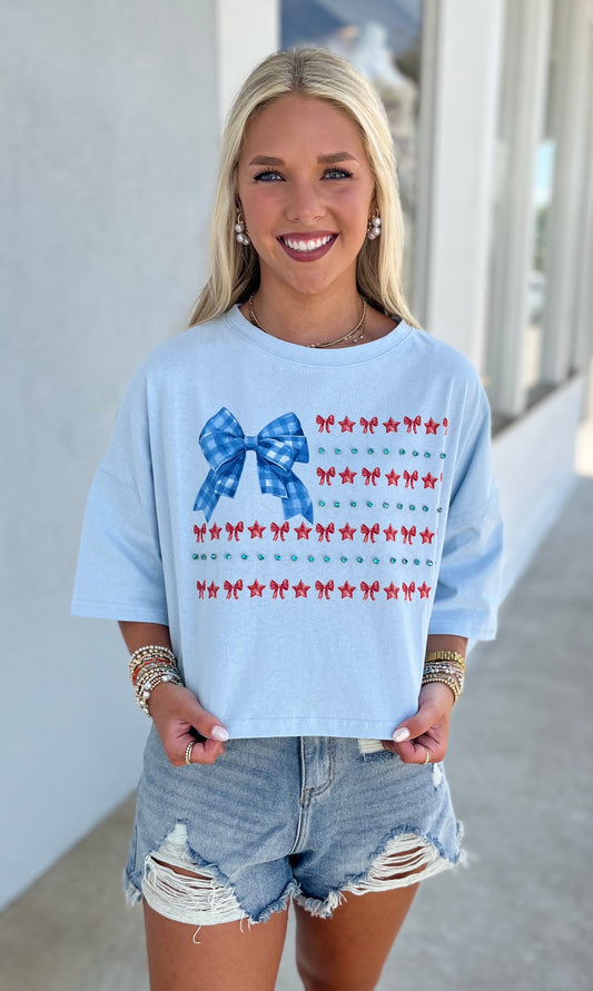 Blue American Flag With Rhinestone Cotton Tee