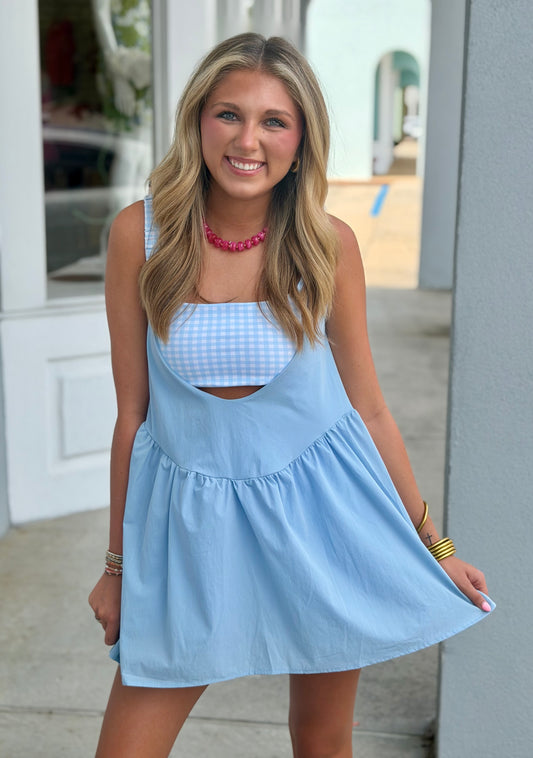 Gingham Printed Athletic Dress W Shorts, Blue