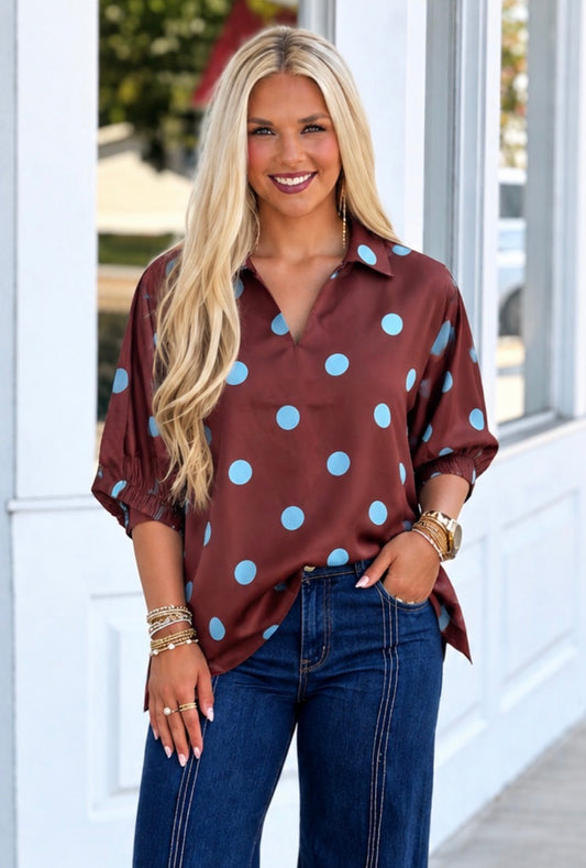 Brown/Blue Polka Dot Top
