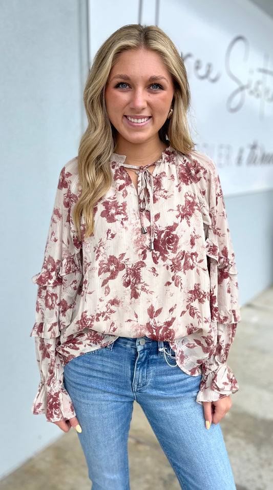 Floral Print Long Sleeve V-Neck Top With Ruffle Detail