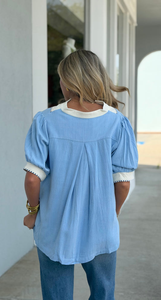 Linen Blend Trim Top, Periwinkle