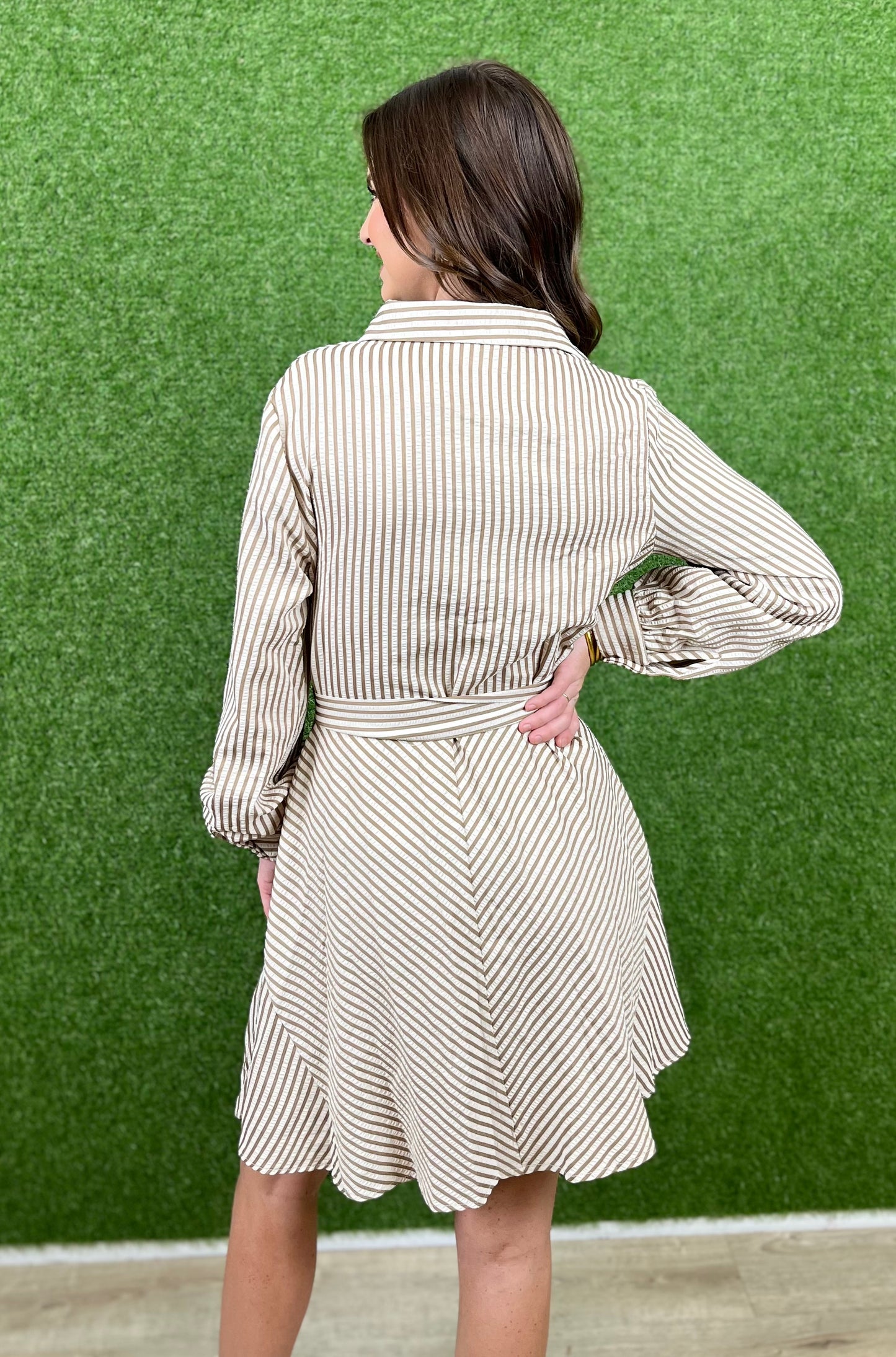 Taupe Button Down Striped Mini Dress