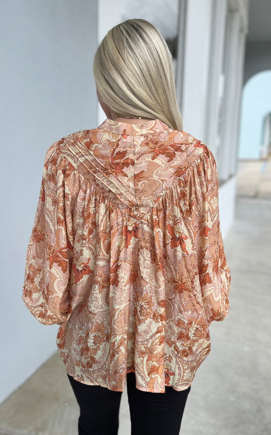 Golden Peach Printed Button Down Shirt