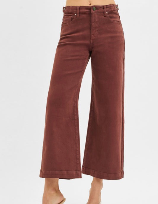 Choco Brown High Rise Crop Wide Adjustable Waist Jeans