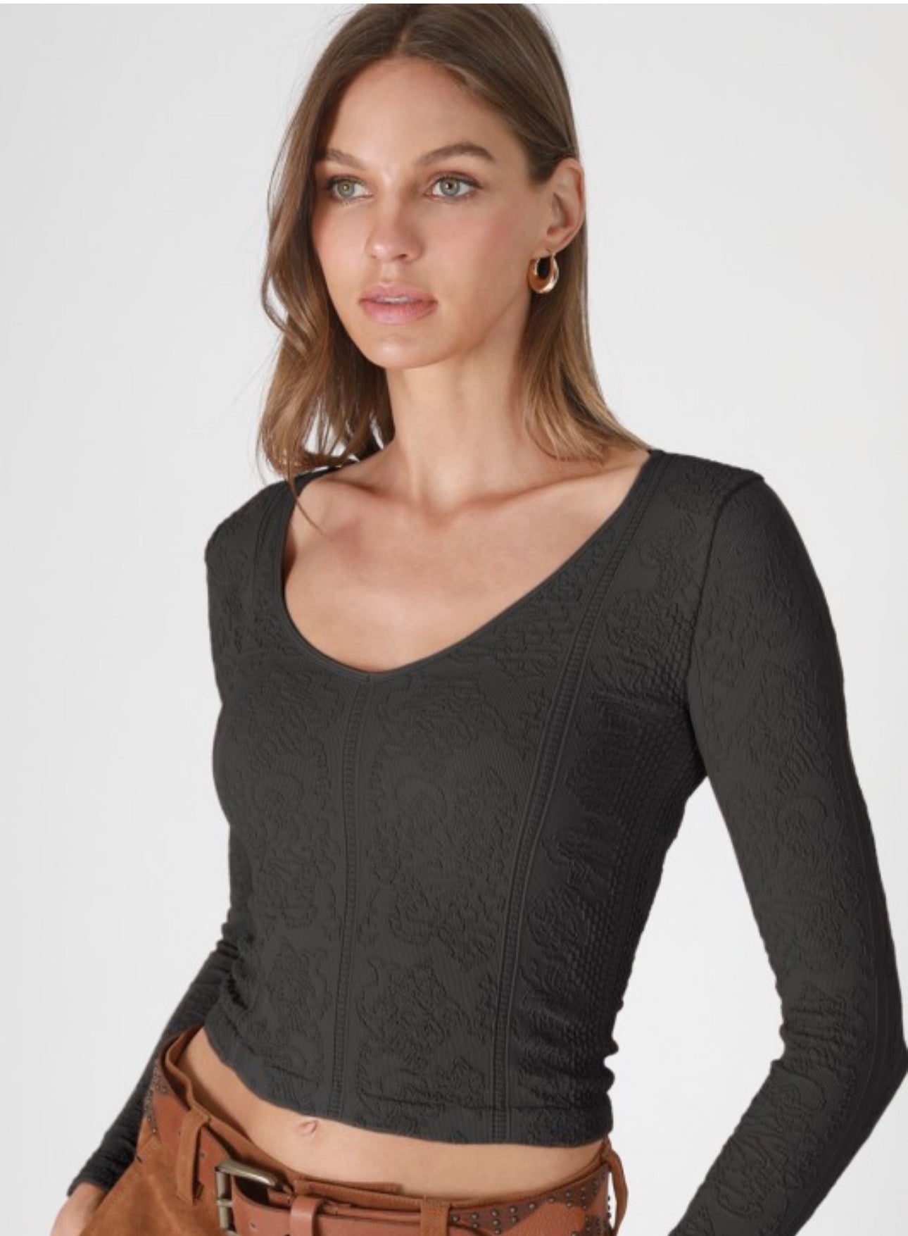 Lace Textured V Neck Top , Black