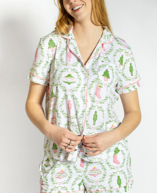 Nutcracker Trellis Short Sleeve Button Up Sleep Shirt