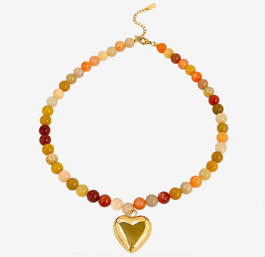 Golden Heart Stone Beaded Necklace