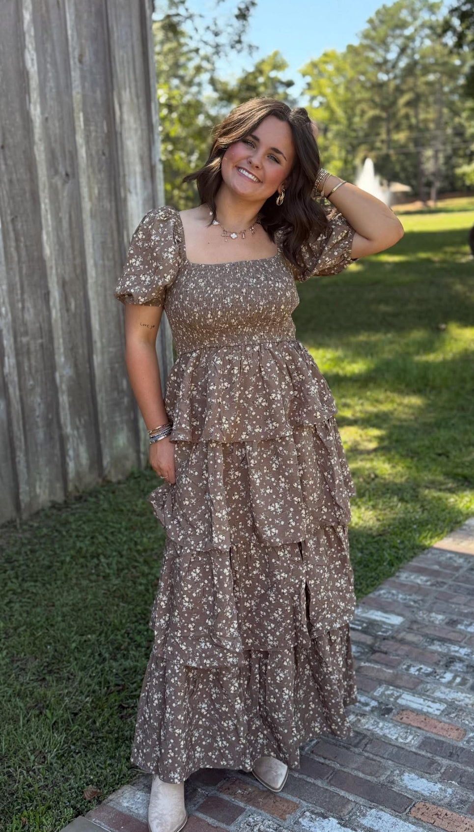 Floral Smocked Maxi Dress W Puff Sleeve