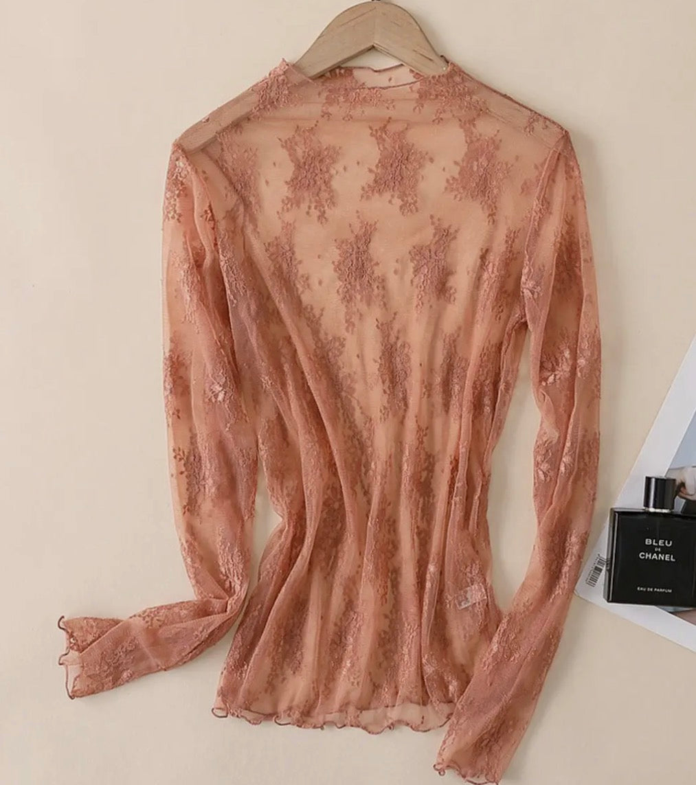 Lace Mesh Blouse , Caramel