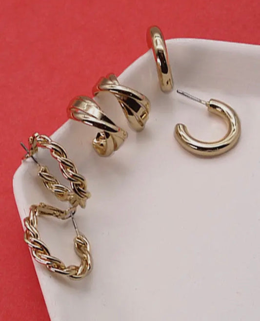 Gold Twisted Trio Hoop Earring Set