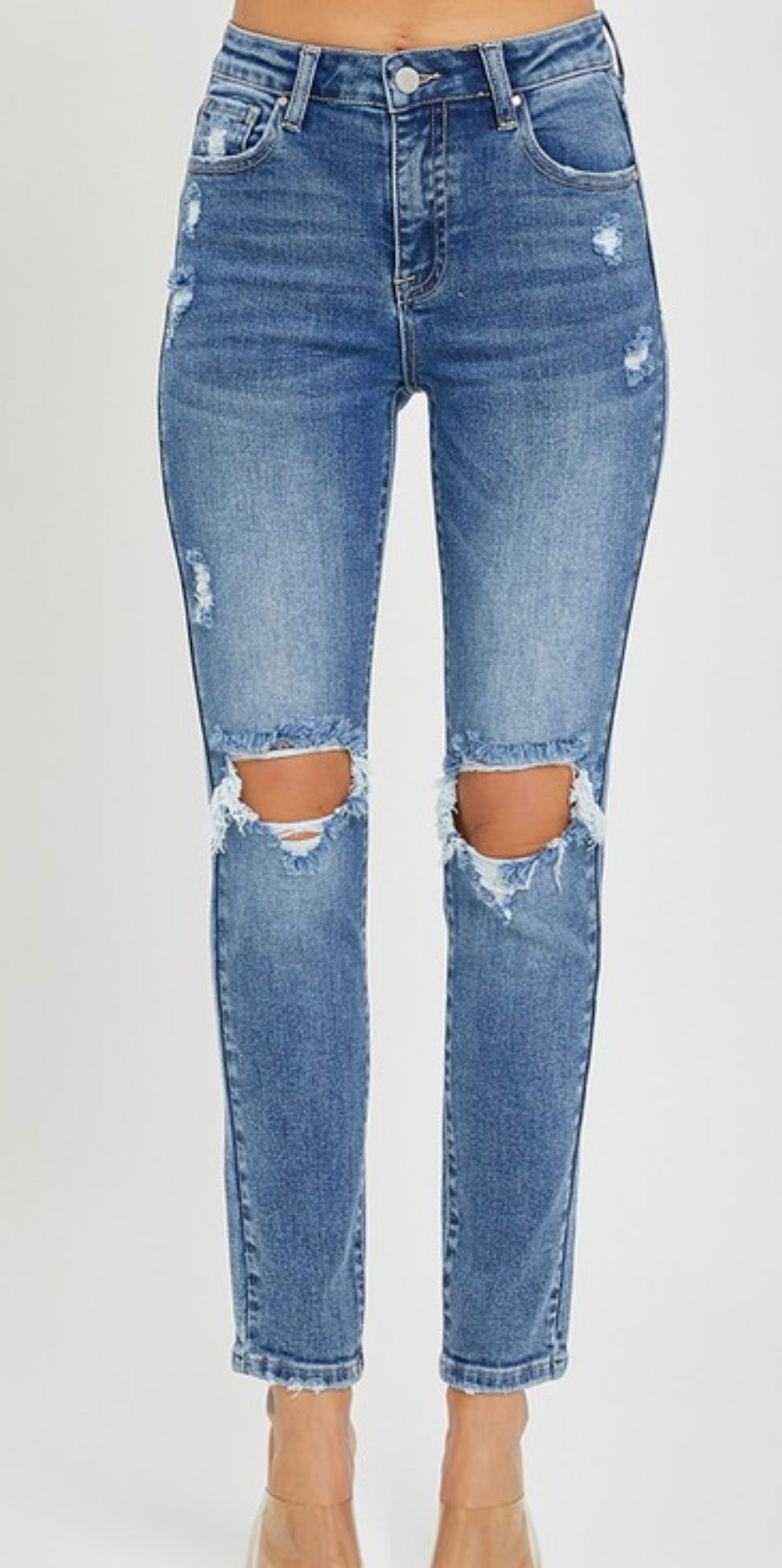 Medium High Rise Knee Distressed Skinny Jeans