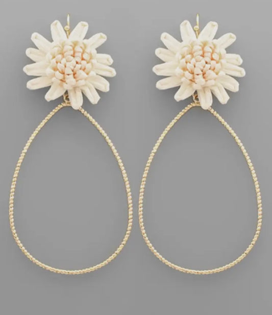 Cream Raffia Flower Teardrop Earrings