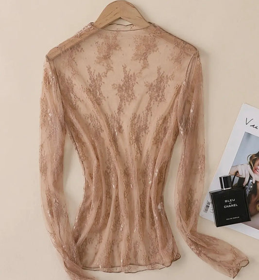 Lace Mesh Blouse , Coffee