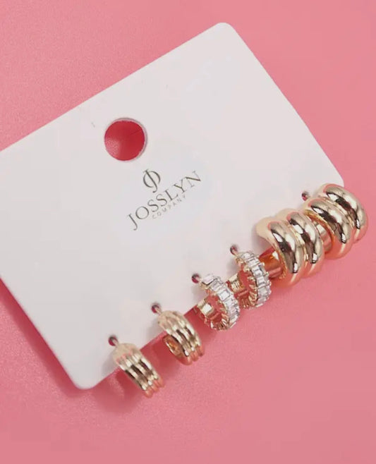 Gold Baugette Stone Double Hoop Trio