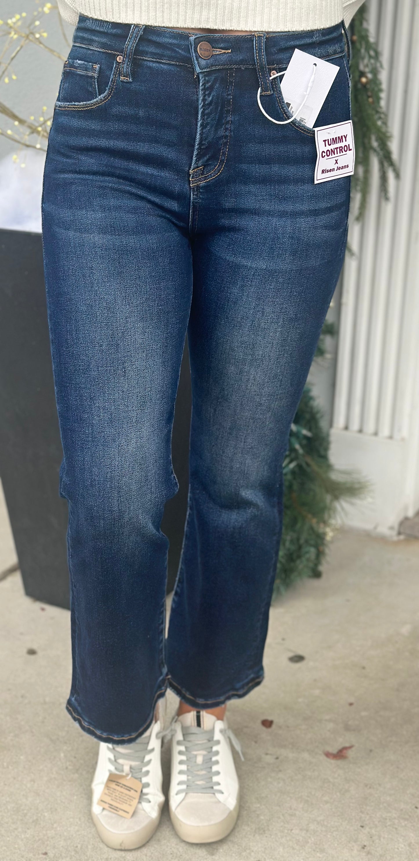 Deep Blue Tummy Control High Rise Crop Bootcut Jean